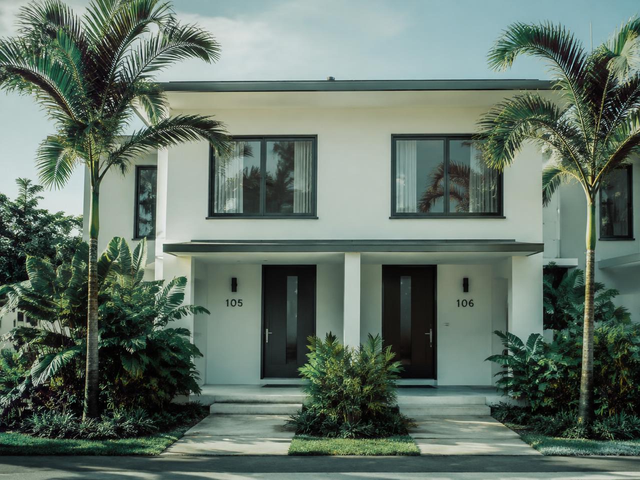White contemporary duplex framed by palms